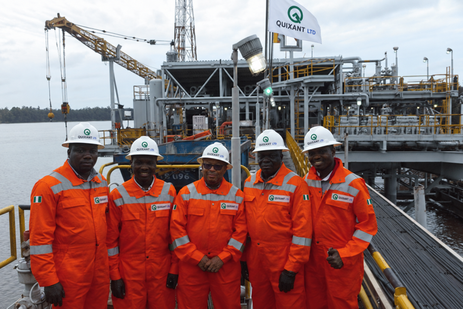 Nigerian oil and gas field personnel in safety equipment